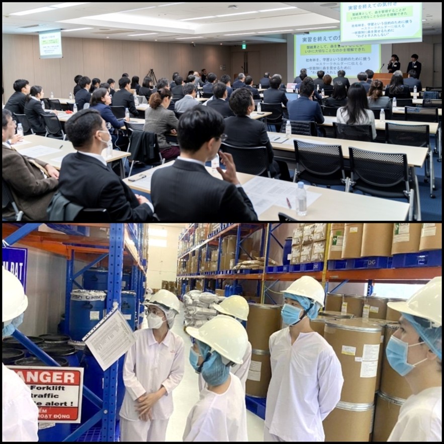 写真上：MBTの成果発表会　下：MOBTでの工場見学の様子（提供：成蹊大学）